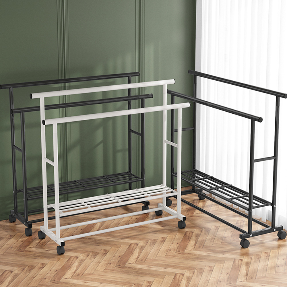무타공마켓 2단 철제 이동식행거 더블바 스탠드 옷걸이 행거 선반 튼튼한 옷가게행거