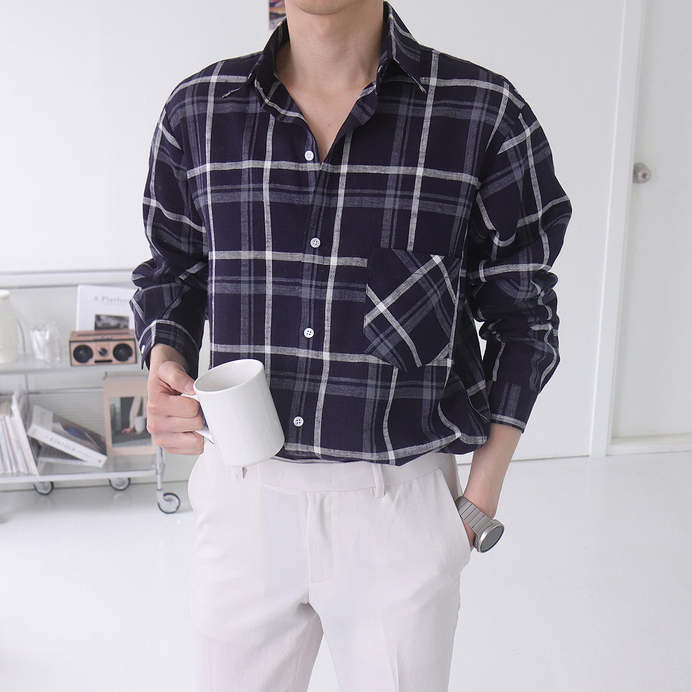 남자린넨셔츠 오버핏 링클프리 체크남방 남자셔츠 이미지 2