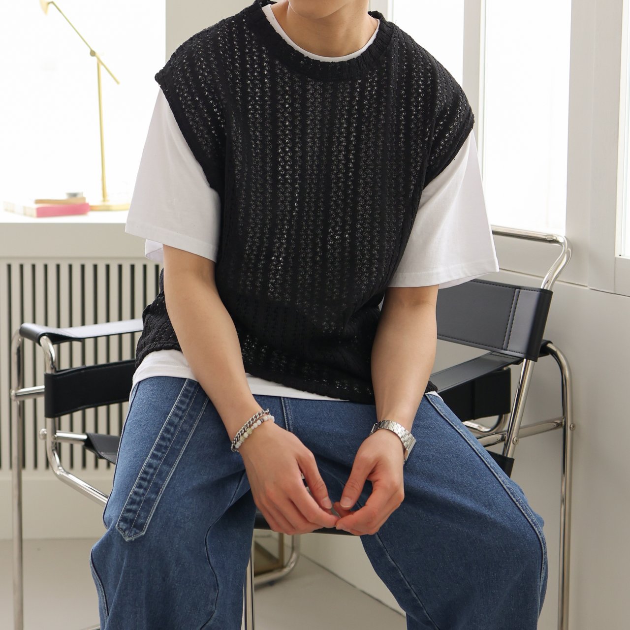남자 여름 니트조끼 그물 펀칭 시스루 라운드 얇은 남성 니트베스트 - 상세 이미지 2