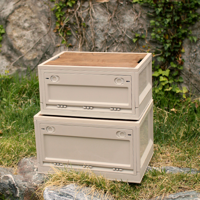 KOOLMAN 쿨맨 캠핑 박스 접이식 오픈 폴딩 정리함 우드상판 포함 50L, 올리브그린