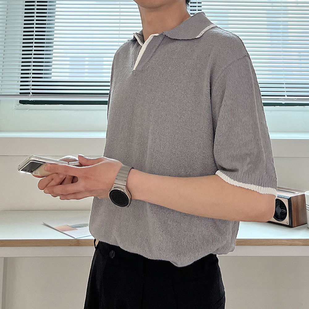 남자반팔티 린넨 헨리넥 여름 남성반팔카라티 - 상품 이미지