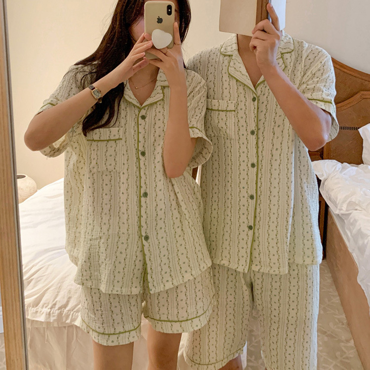 요루면 순면 반팔 커플 잠옷 여름 여성 남성 지지미 파자마 세트 상세 이미지 31