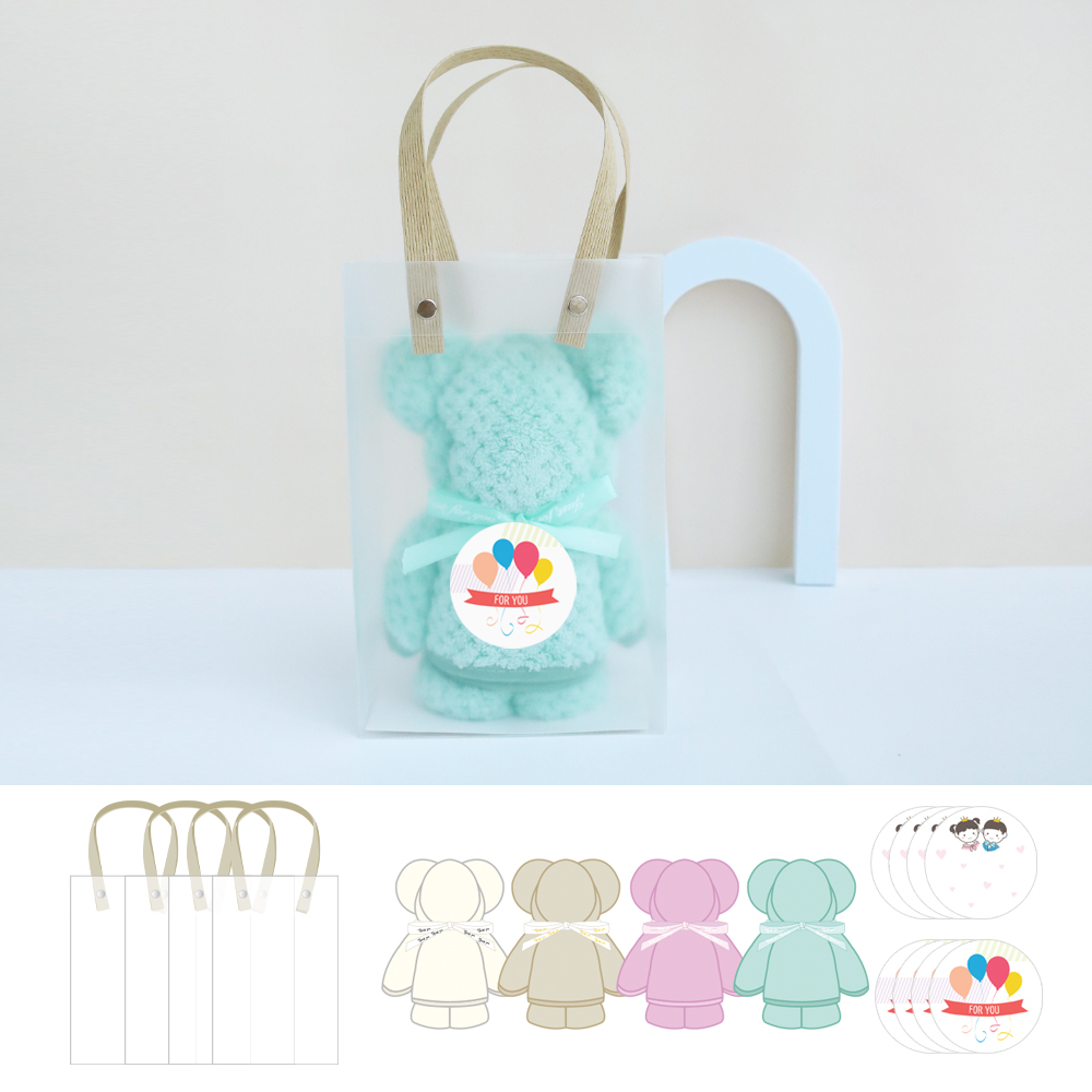 니즈엘 고리 수건 곰 타올(대) 75x35+반투명 가방(소) 4세트 어린이집 생일 답례품 - 상품 이미지
