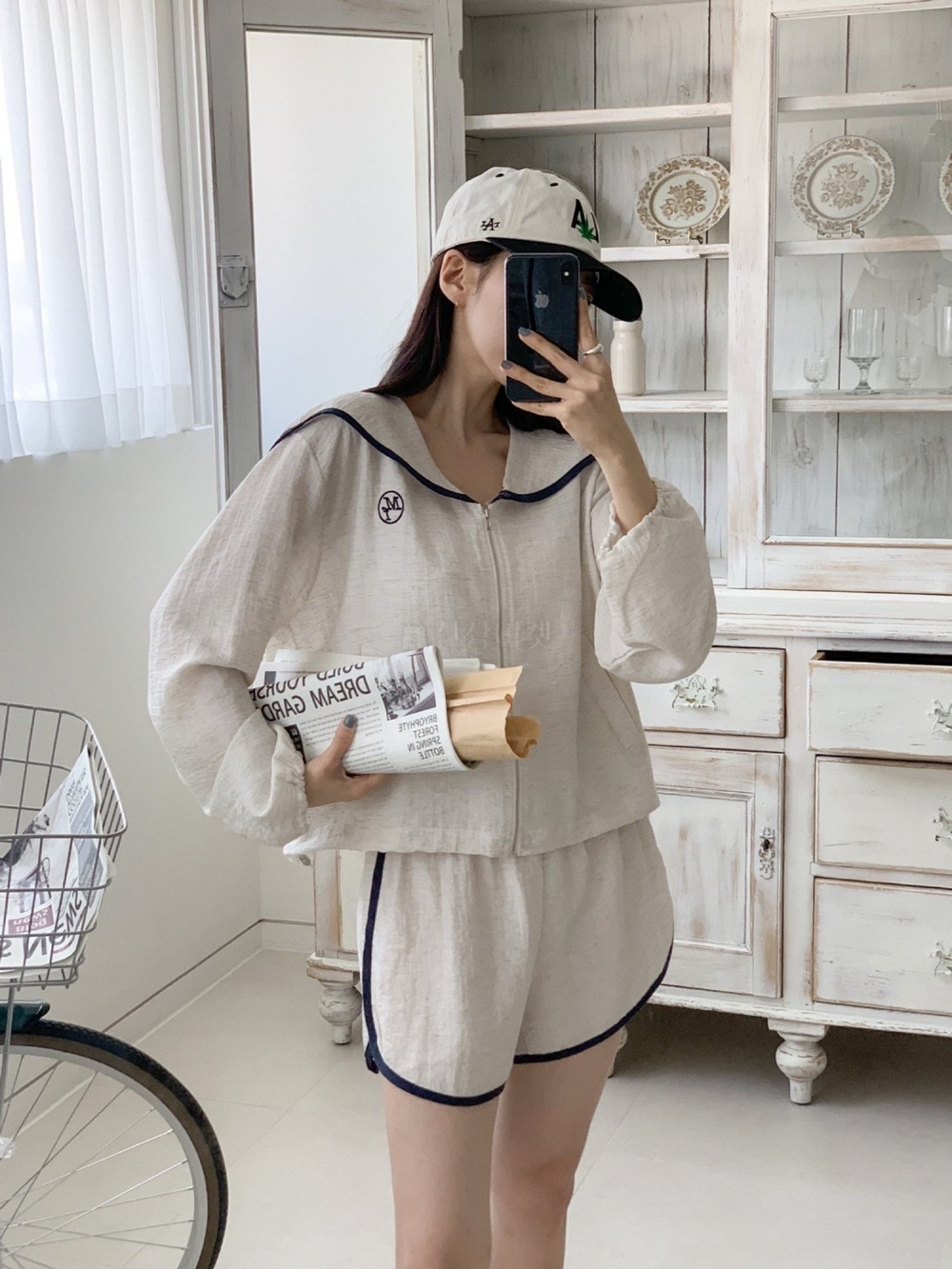 린넨 여름 자켓 세일러 카라 스트링 집업 긴팔 숏자켓 아우터 이미지 2