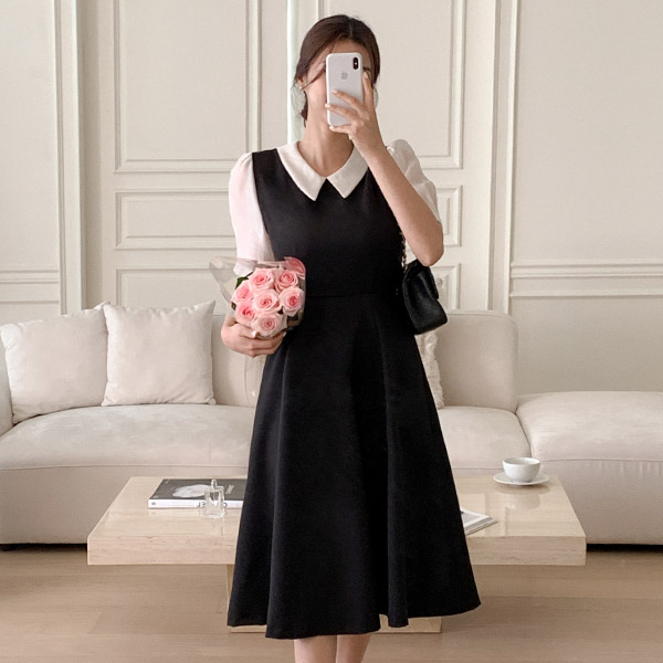 줄리아 배색 카라 반팔 롱 원피스 여름 썸머 op15164