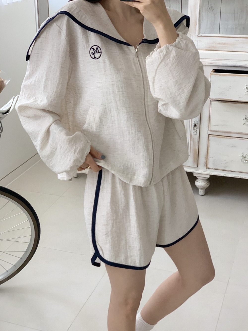린넨 여름 자켓 세일러 카라 스트링 집업 긴팔 숏자켓 아우터 이미지 4