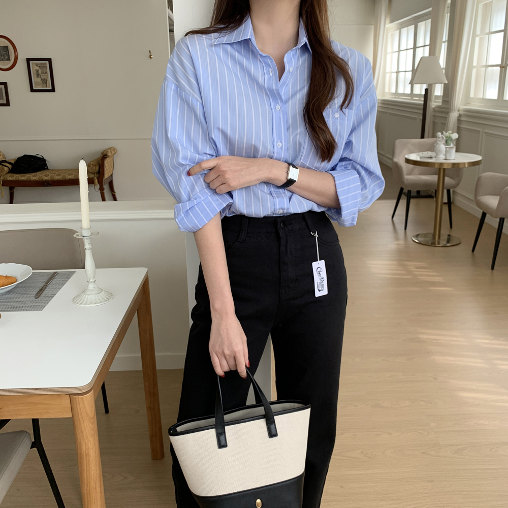 소프트 촉감 포켓 여성 스트라이프 셔츠 블라우스 봄 여자 셔츠 면 핑크 블루 소라색 하늘색 이미지 2