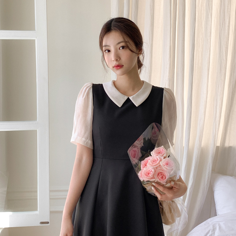 (국내제작)줄리아 배색 카라 반팔 롱 원피스 op15164 이미지 2