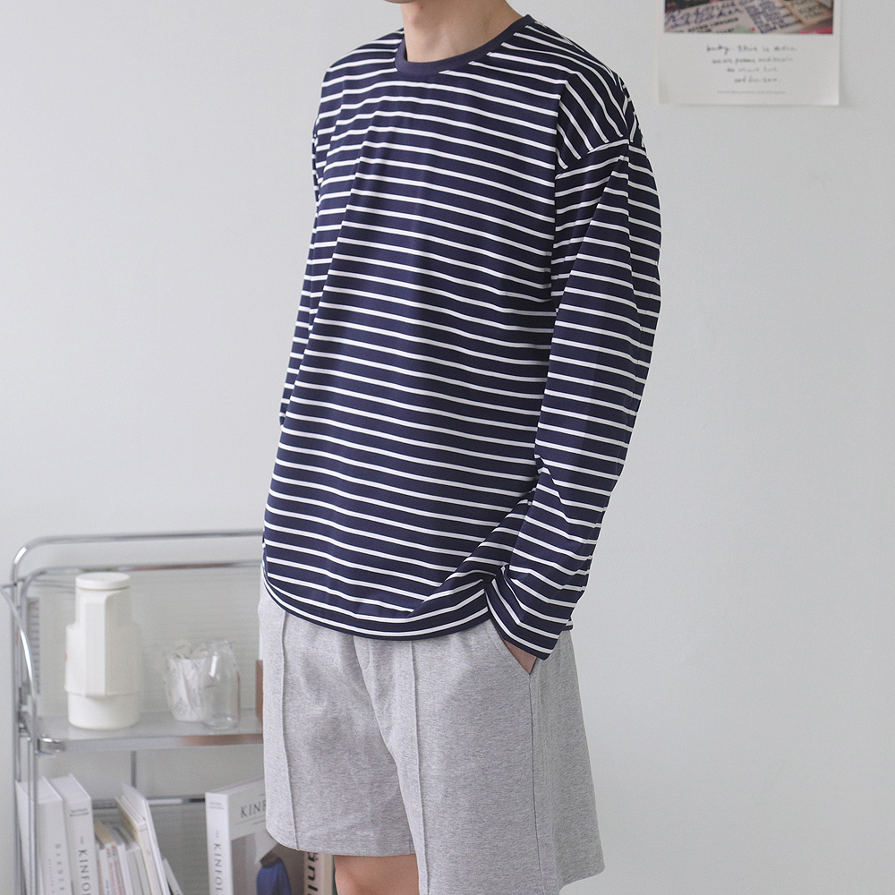 남자긴팔티 구김없는 스트라이프 단가라 티셔츠 이미지 3