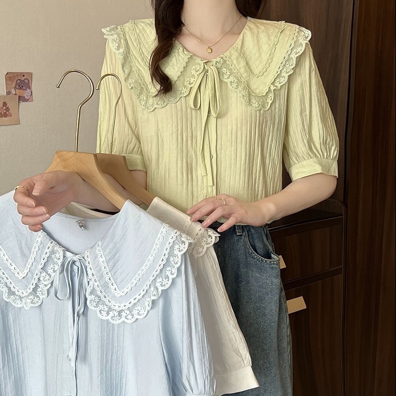 여자여자몰 달라붙지않은 펀칭프레이스카라 리본무지여름블라우스 퍼프반팔 이미지 1