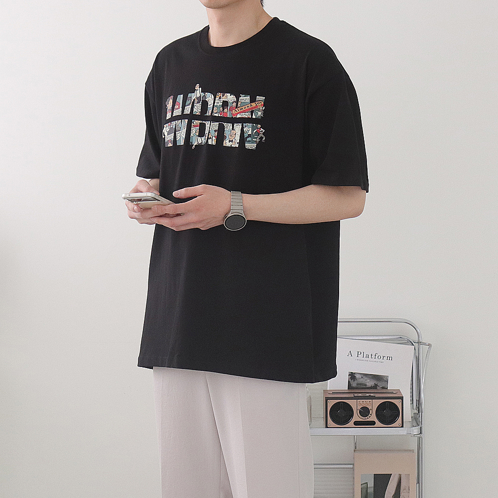 남자오버핏반팔티 빅사이즈 박스핏 프린팅 커플반팔 이미지 1
