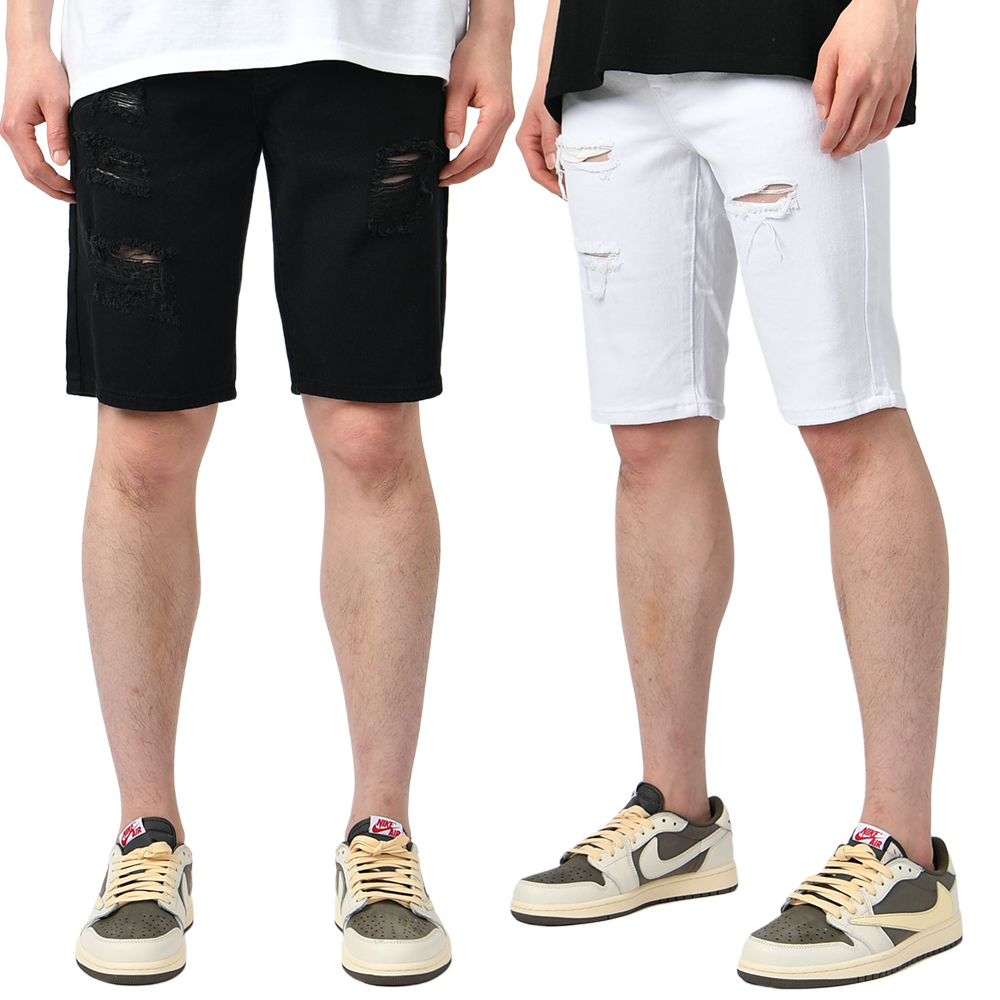 남자 여름 스판 데미지 면 반바지 팬츠 블랙 화이트 2컬러 052 - 상품 이미지