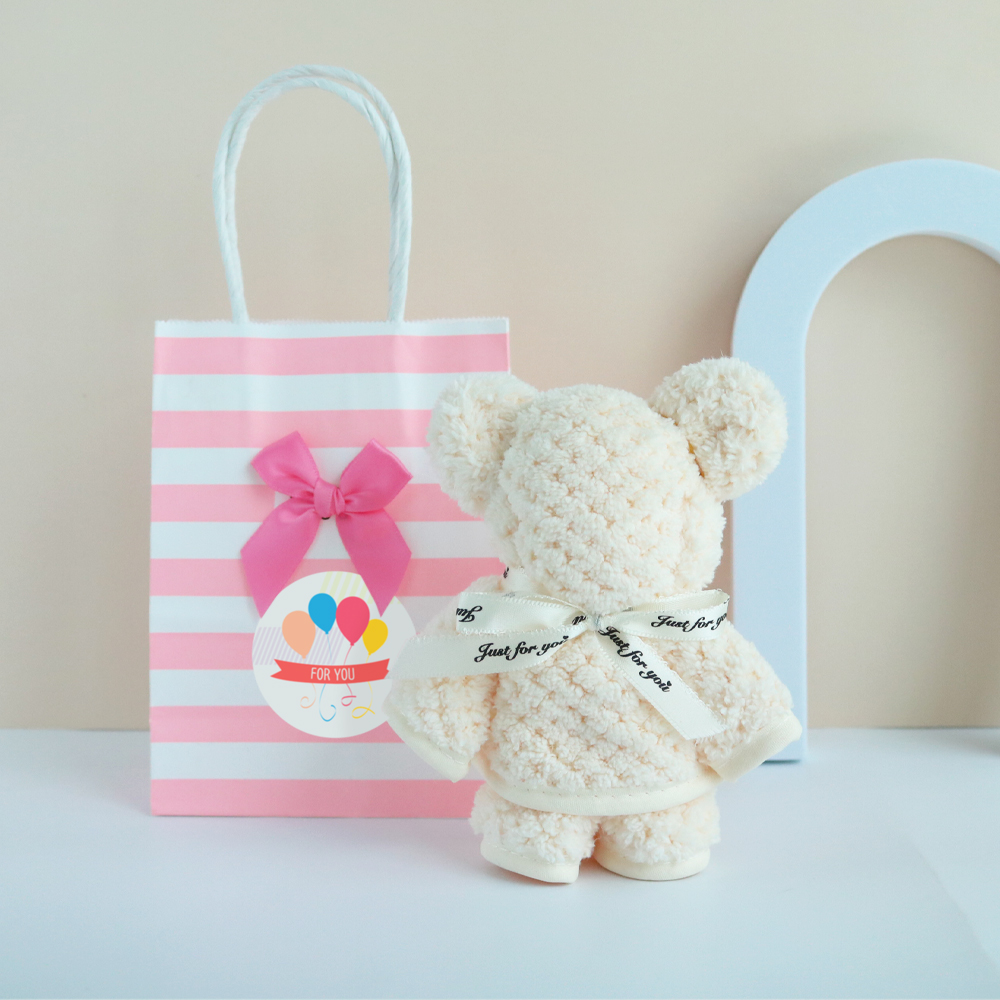 니즈엘 고리 수건 곰 타올(소) 30x30 어린이집 생일 답례품 줄무늬 가방(핑크) - 상품 이미지