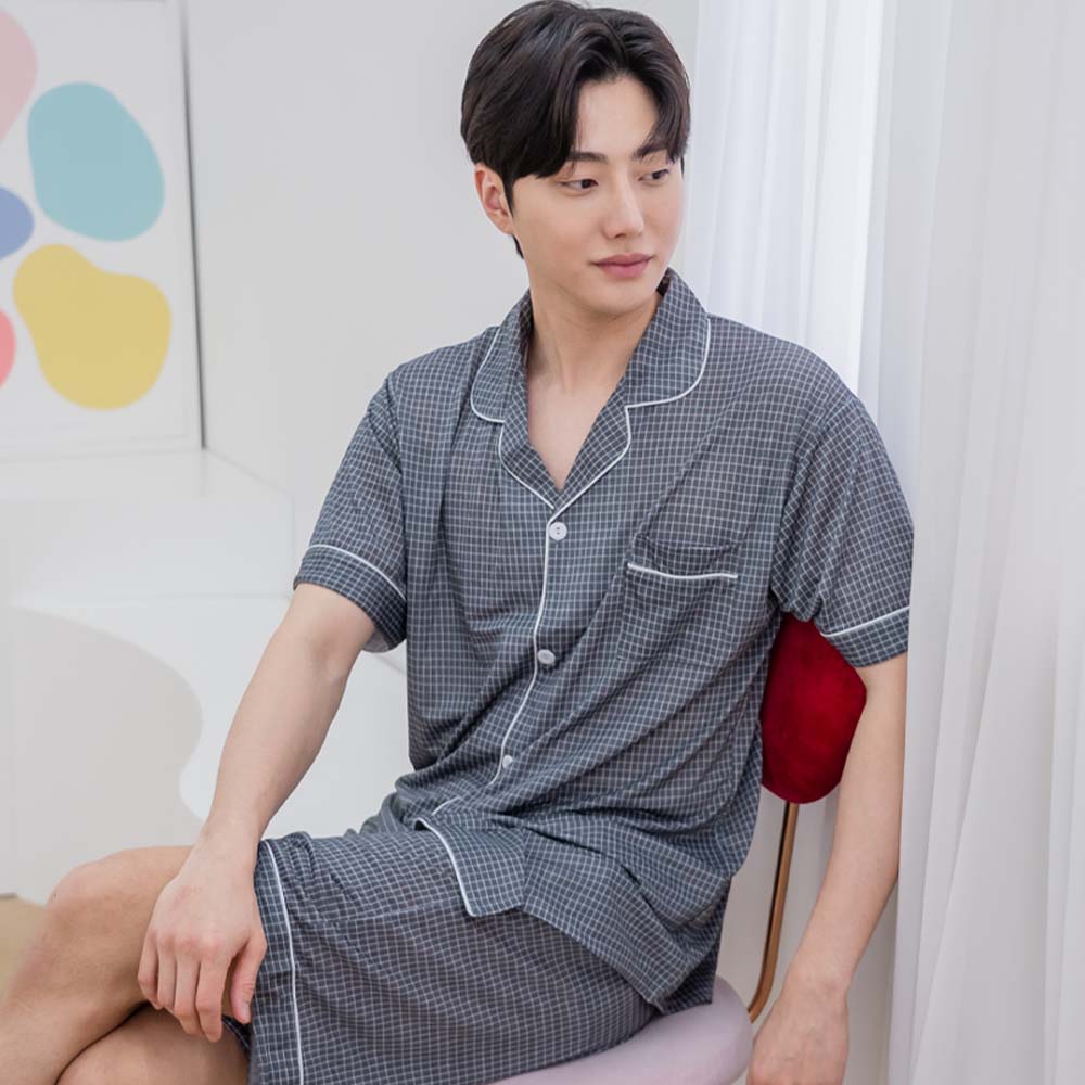 에이원 남성잠옷세트 냉감 반팔 체크 카라 파자마 홈웨어 이미지 2
