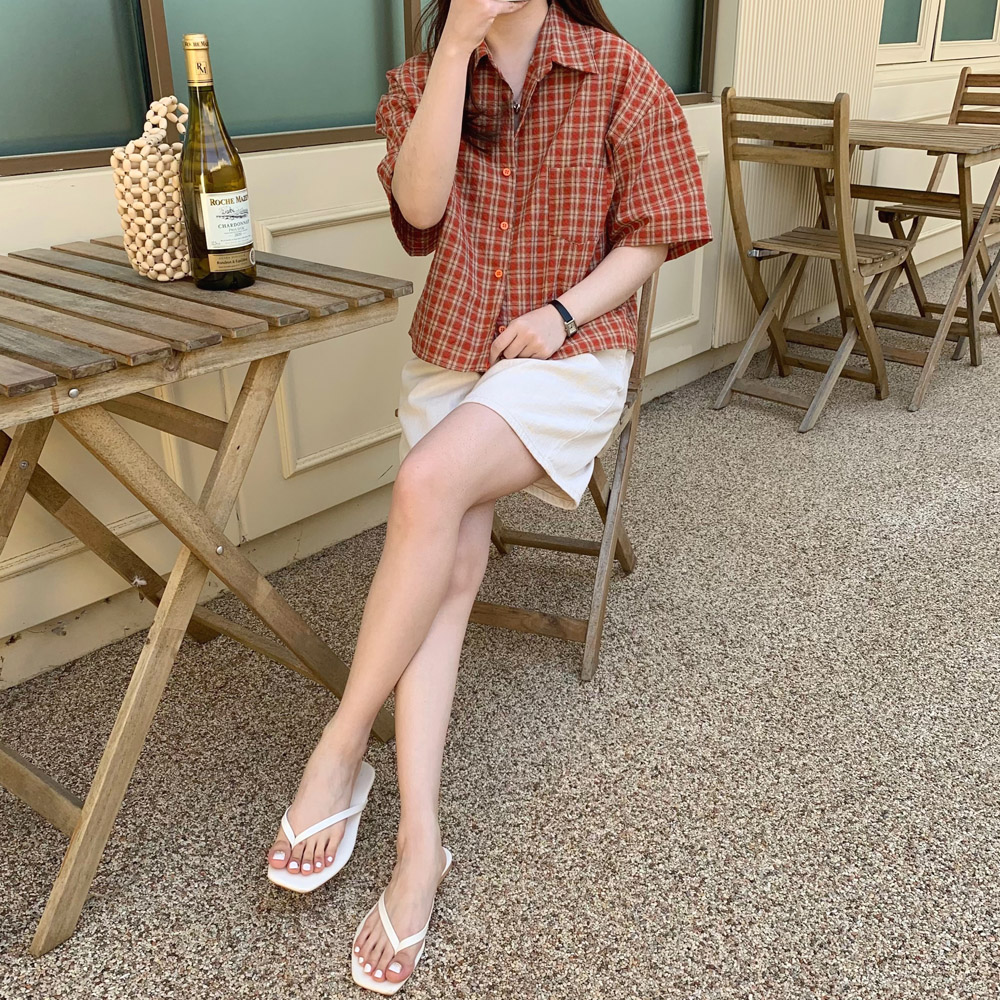 지지미 여성 반팔 셔츠 여름 체크 남방 시어서커 세미 크롭 셔츠 블라우스 블랙 옐로우 이미지 4