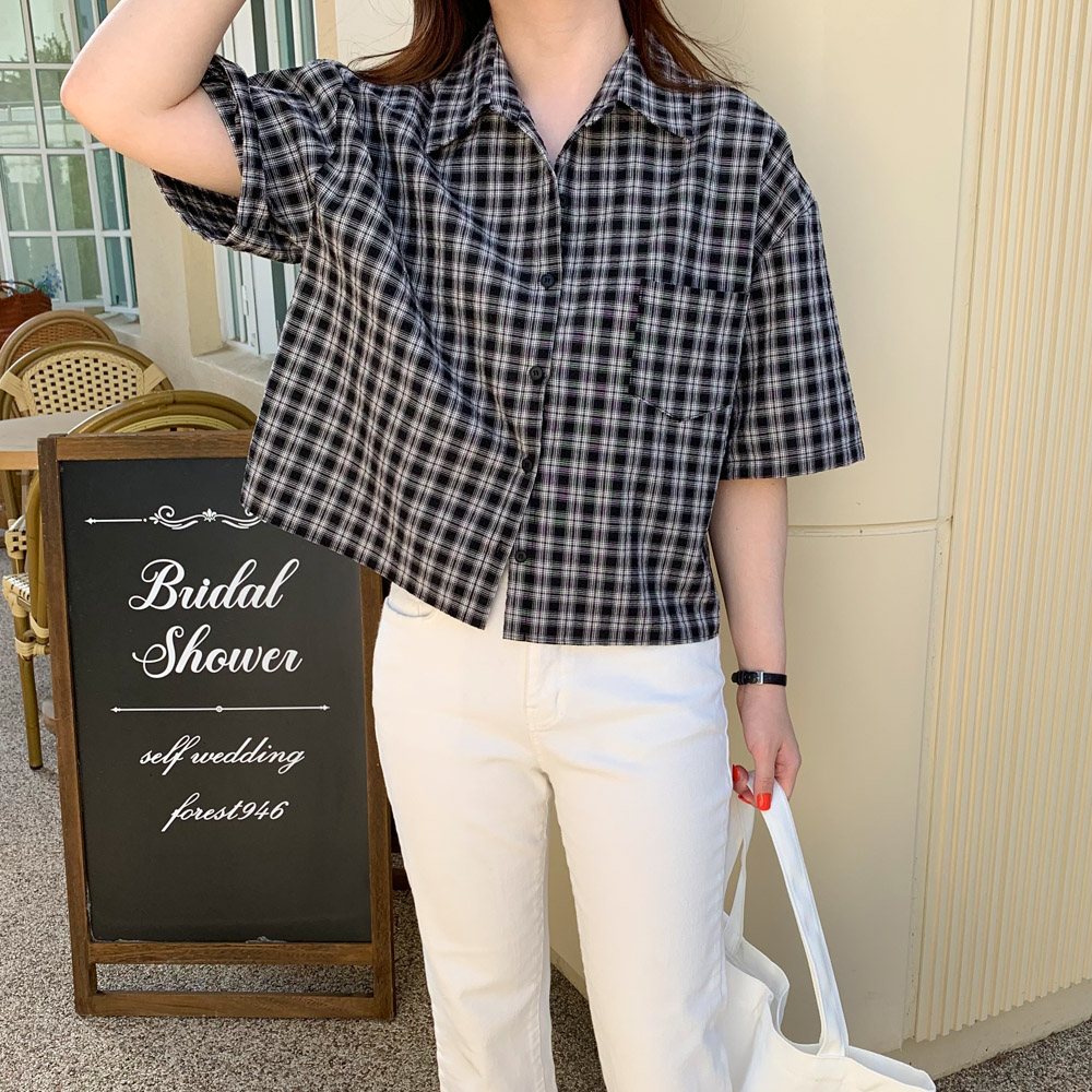 지지미 여성 반팔 셔츠 여름 체크 남방 시어서커 세미 크롭 셔츠 블라우스 블랙 옐로우