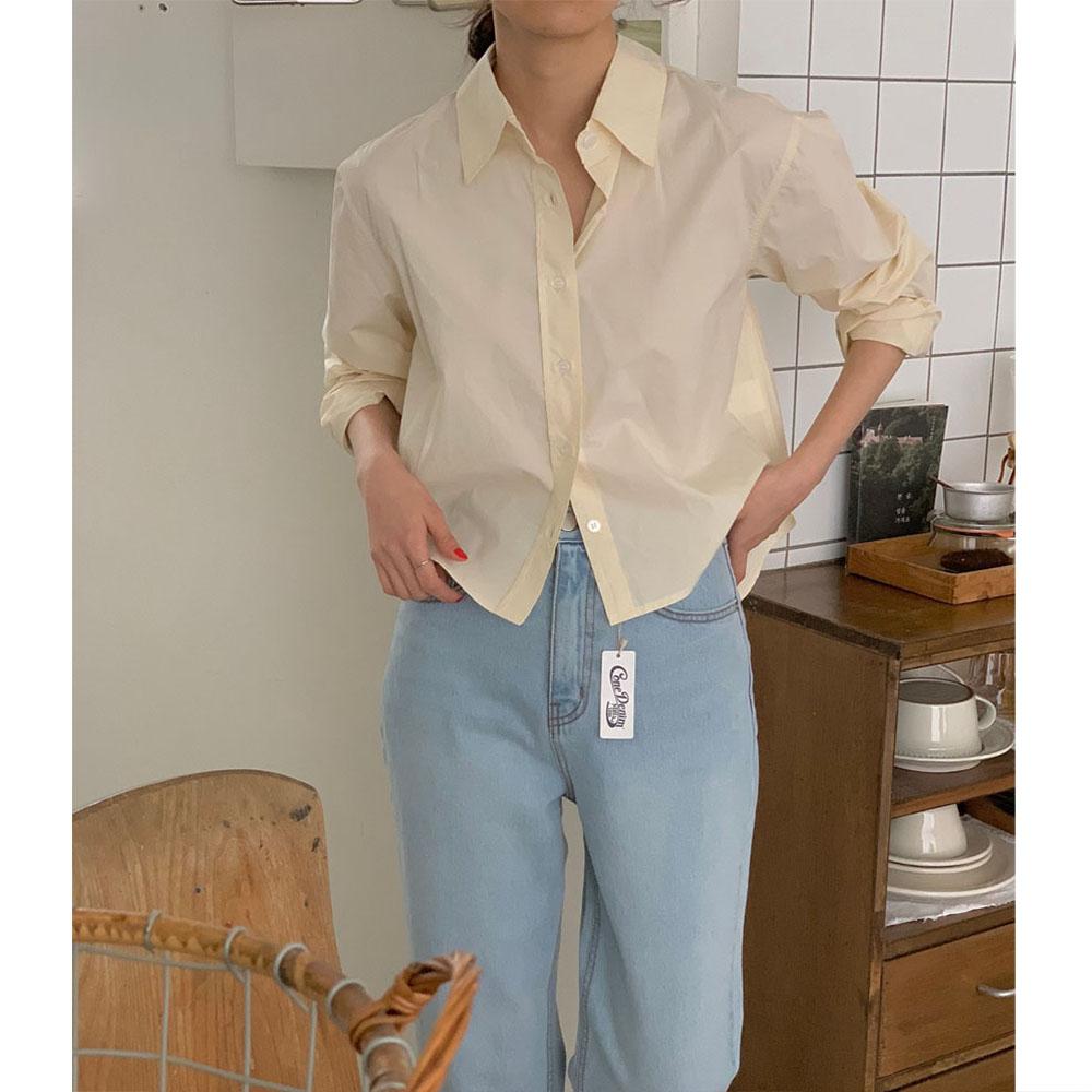 (숏ver) 오버무드 여성 봄신상 8가지 컬러 와이드 카라 기본 베이직 코튼 숏 크롭 남방 긴팔 셔츠 8color - 상세 이미지 2