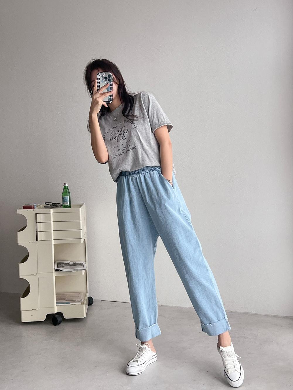 롤업 데님 청 밴딩 9부 배기 팬츠 - 상세 이미지 2