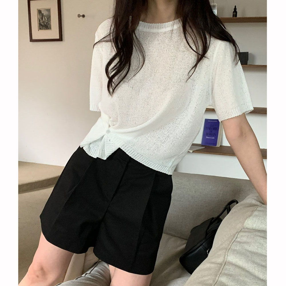 오버무드 여성 여름신상 꼬임 랩스타일 부클 단추 라운드넥 반팔 니트 4color