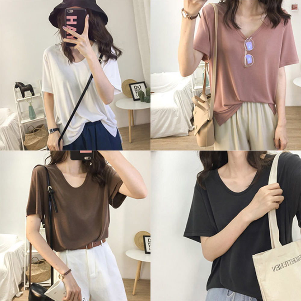 M-XL 반팔 티셔츠 여성 여자 U넥 라운드넥 티 여름 시원한 봄 가을 무지 데일리 기본 이미지 1