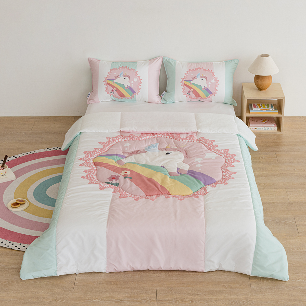 키즈 시어서커 쿨 냉감 에어컨 손자수 차렵 여름이불 베개세트 엘리봉봉 (유니콘), S.SS(싱글.슈퍼싱글겸용)