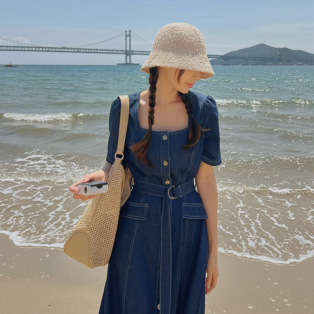 렌티크 데님 벨트 스퀘어넥 퍼프 롱 원피스 [44-120] : 리리앤코
