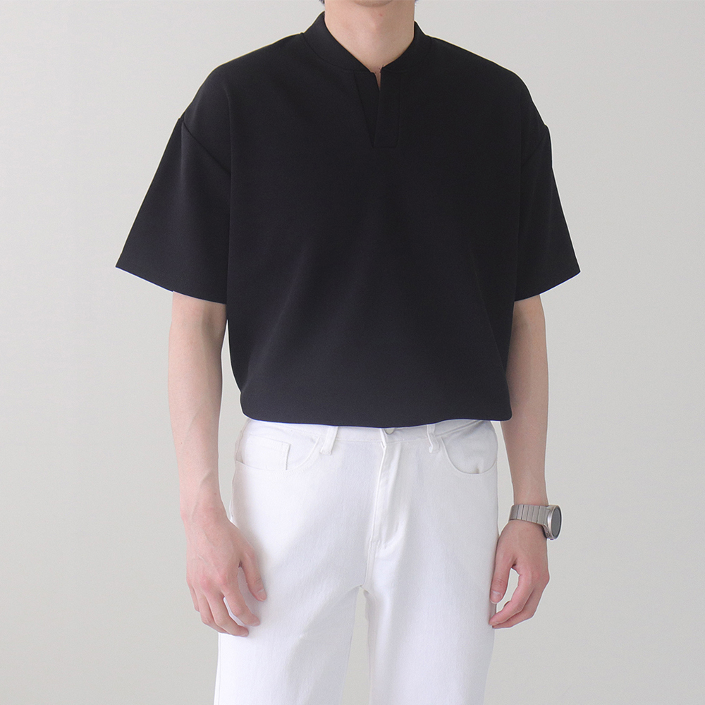 남자반팔티 차이나카라 오버핏 구김없는 헨리넥반팔 - 상세 이미지 2