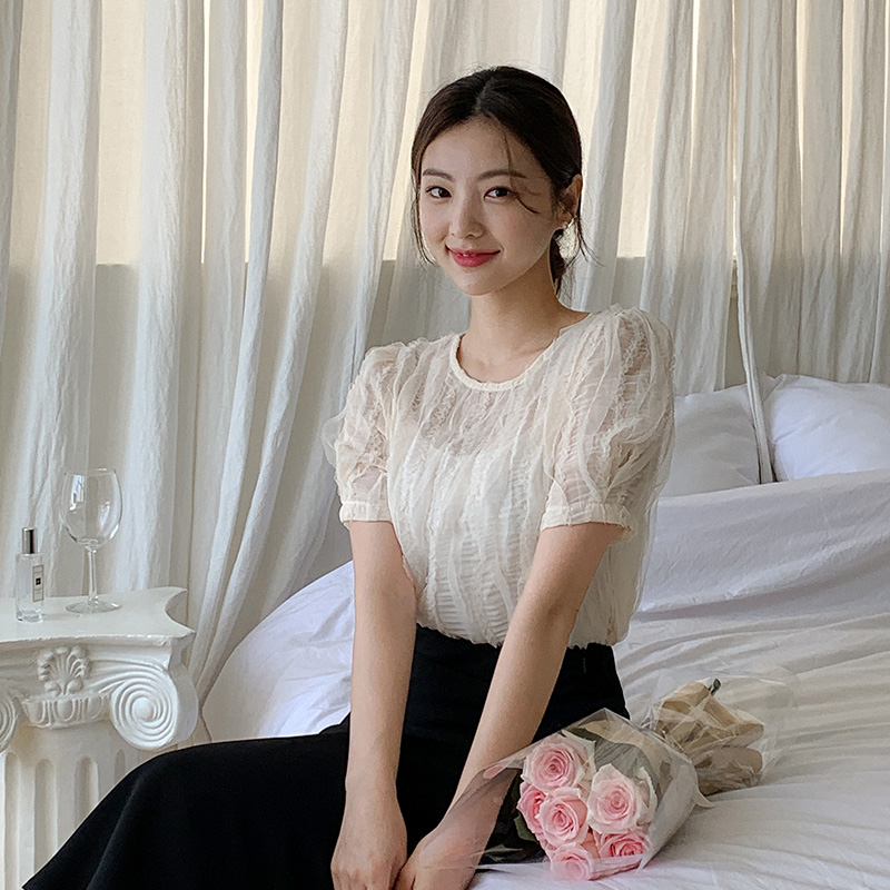 (국내제작)(퀄리티보장) 세잔 물결 레이스 쉬폰 반팔 블라우스 bs7615 이미지 4