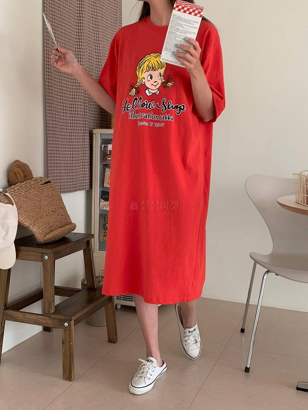 여성 여름 캐릭터 면 루즈핏 키작녀 홈 반팔 롱 원피스 이미지 2