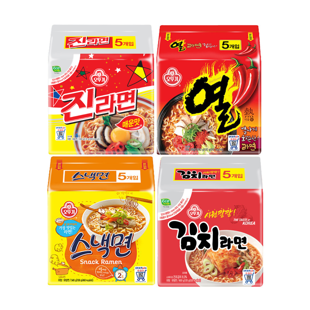 오뚜기 BEST 봉지라면 4팩 진라면 매운맛 열라면 스낵면 김치라면 각 1팩씩