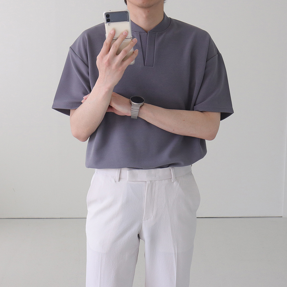 남자반팔티 차이나카라 오버핏 구김없는 헨리넥반팔 - 상세 이미지 3