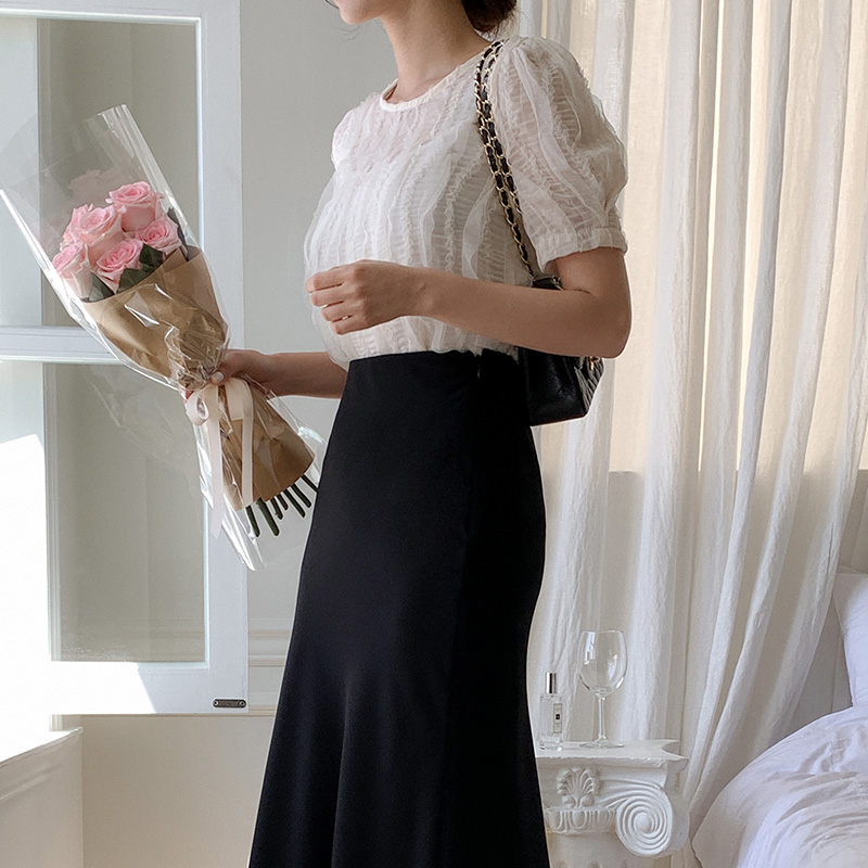 (국내제작)(퀄리티보장) 세잔 물결 레이스 쉬폰 반팔 블라우스 bs7615 이미지 3