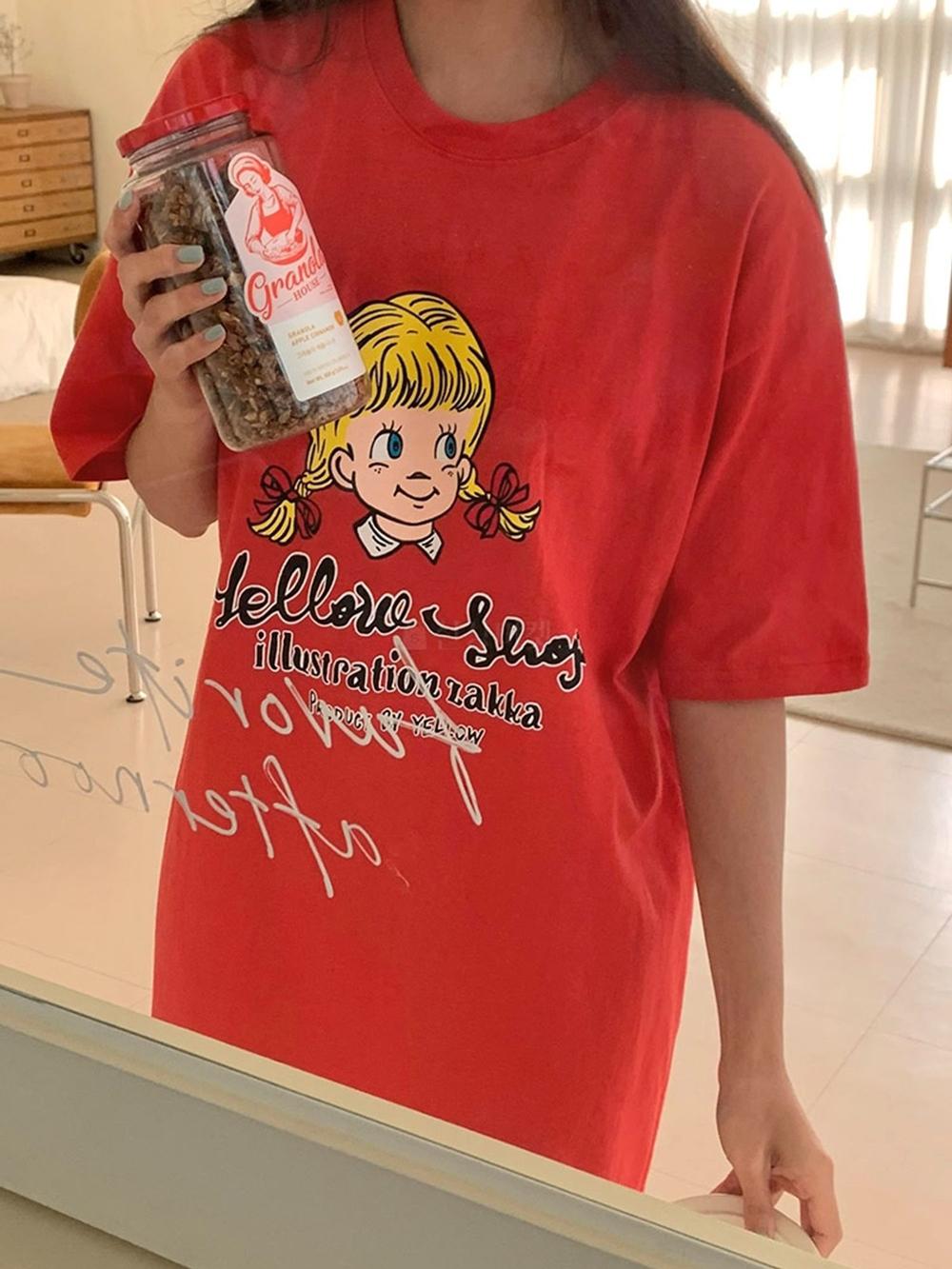 여성 여름 캐릭터 면 루즈핏 키작녀 홈 반팔 롱 원피스 이미지 3