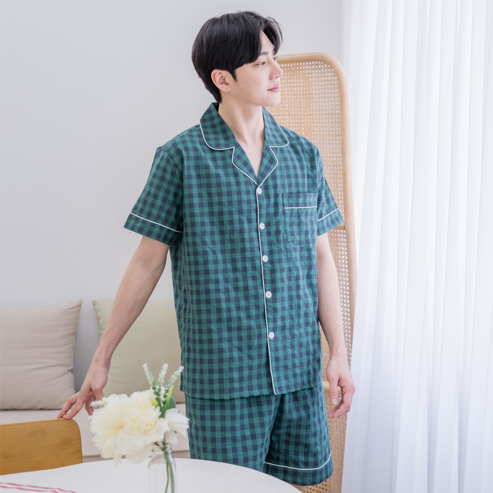 에이원 남자 잠옷 세트 잔체크 여름 반팔 커플 홈웨어 이미지 2