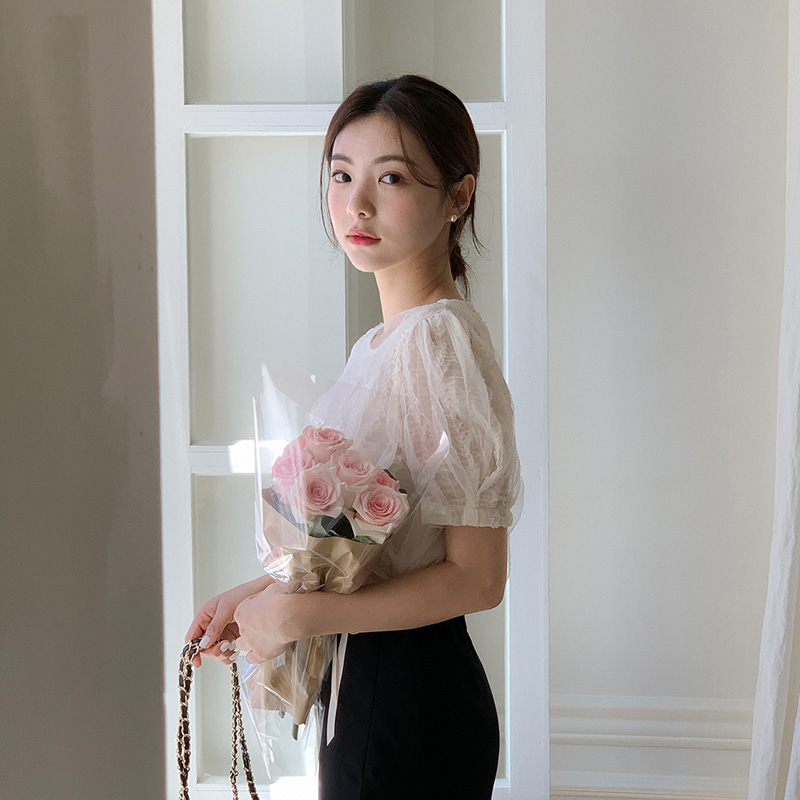 (국내제작)(퀄리티보장) 세잔 물결 레이스 쉬폰 반팔 블라우스 bs7615 이미지 2