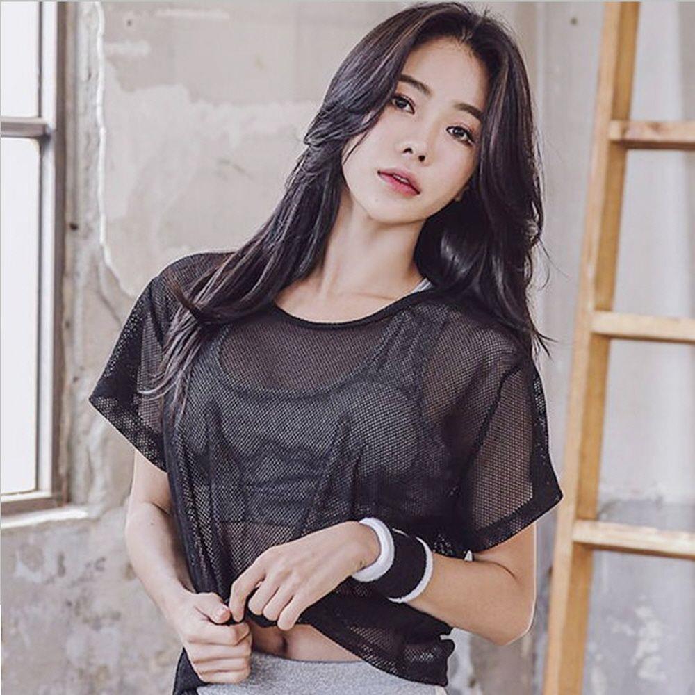 여자 여름 망사 매쉬 레이어드 시스루 반팔 티셔츠 - 상품 이미지