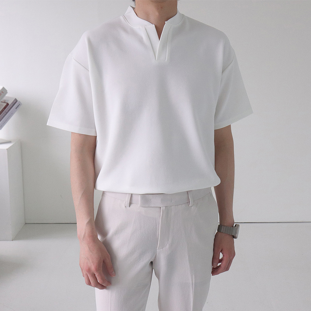 남자반팔티 차이나카라 오버핏 구김없는 헨리넥반팔 - 상세 이미지 4