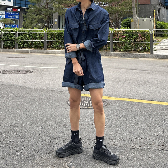 남자 커플 공용 놀란 봄 여름 가을 데님 반바지 점프수트 - 상세 이미지 2