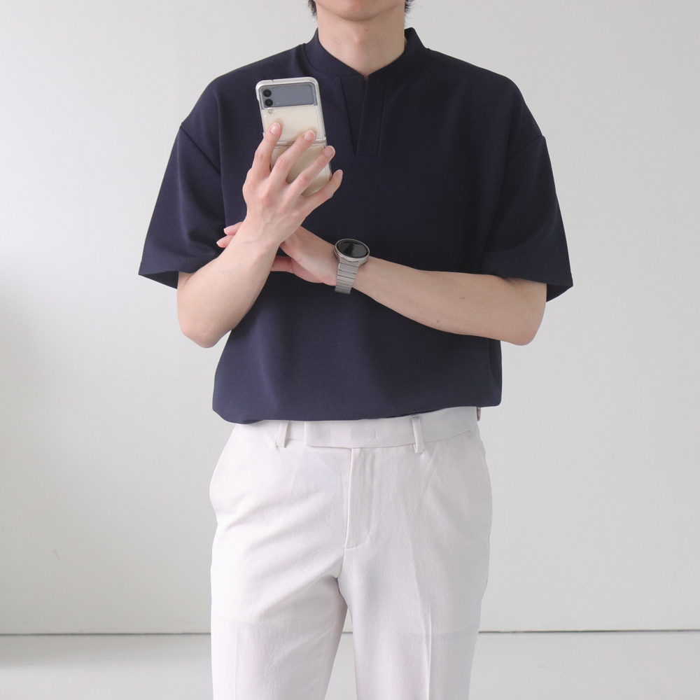 남자 반팔티 구김없는 오버핏 무지 헨리넥 반팔 티셔츠 - 상세 이미지 3