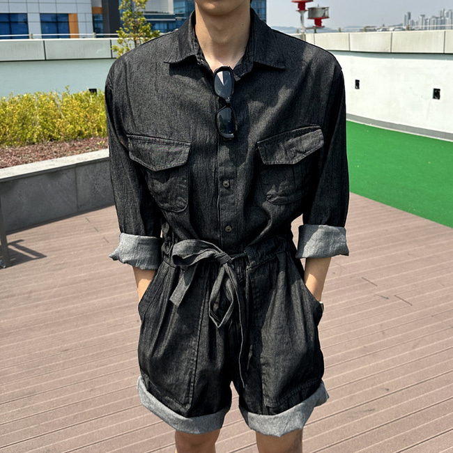 남자 커플 공용 놀란 봄 여름 가을 데님 반바지 점프수트 - 상세 이미지 3