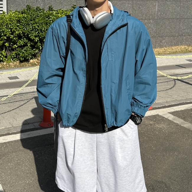 남자 그윈 봄 가을 간절기 나일론 방수 크롭 후드 바람막이 - 상세 이미지 3