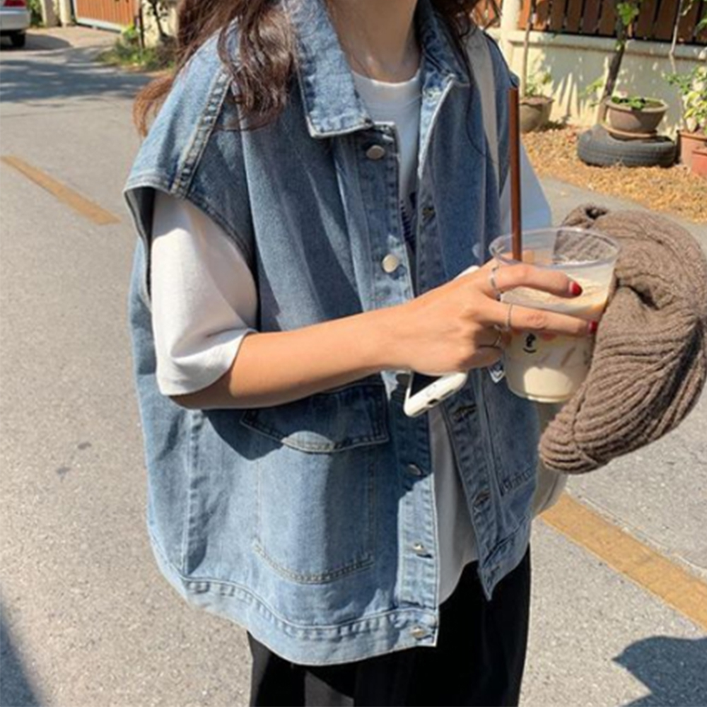 데님 베스트 오버핏 청조끼 여성 여자 중청 조끼 봄 여름 가을 캐쥬얼 민소매 청자켓 예쁜 이미지 1