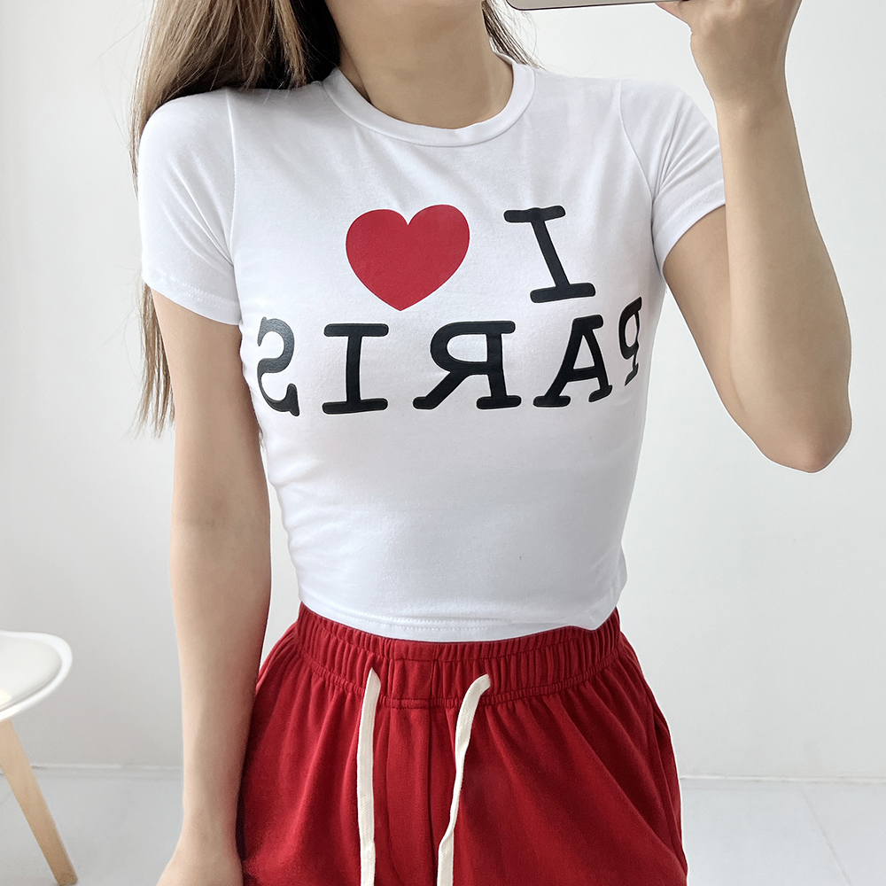 아이 러브 파리 프린팅 슬림핏 반팔 크롭티셔츠 3color - 상세 이미지 2