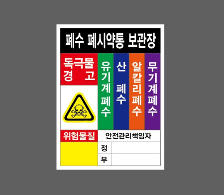 폐수 폐시약통 보관장 독극물 경고 위험물질 유기계 폐수 산 알칼리 무기계 안전관리책임자 정 부 AA063 2027 산업스티커 20x27cm