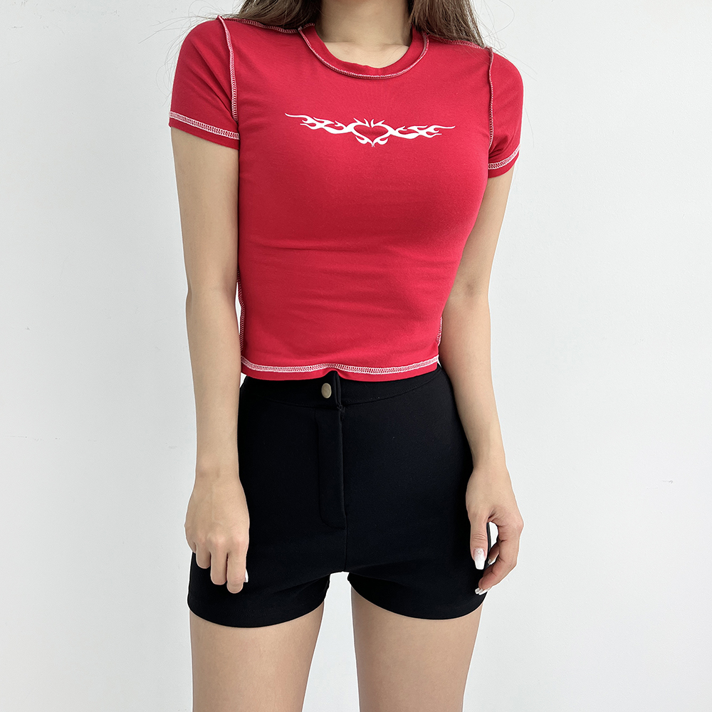 스티치 하트 러브 프린팅 슬림핏 반팔 크롭티셔츠 3color 이미지 3
