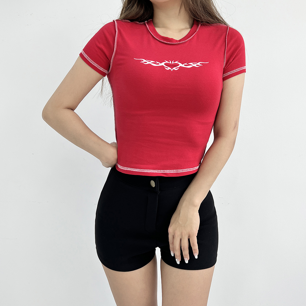 스티치 하트 러브 프린팅 슬림핏 반팔 크롭티셔츠 3color 이미지 2