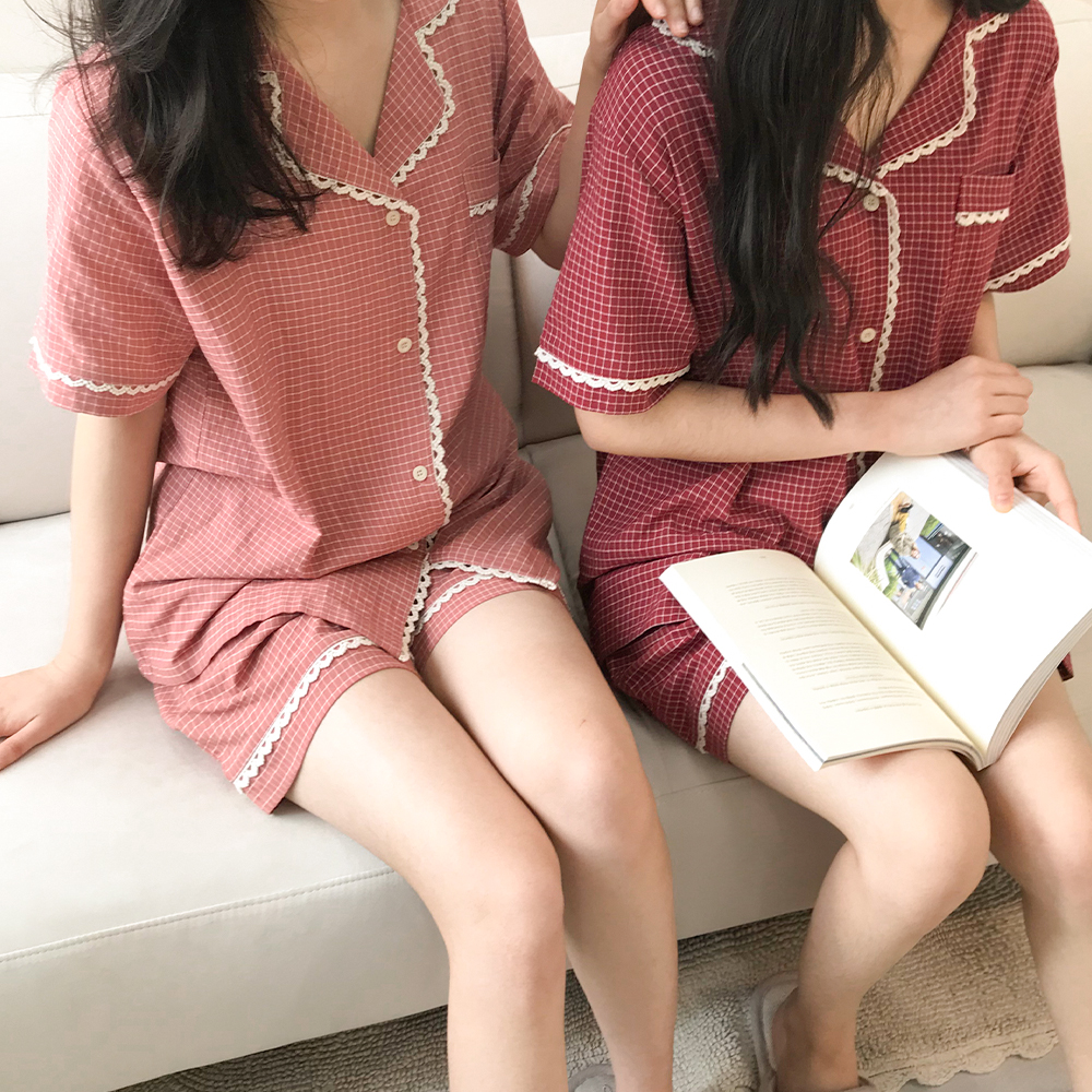 스몰 체크 커플잠옷 반팔파자마 6color - 상품 이미지
