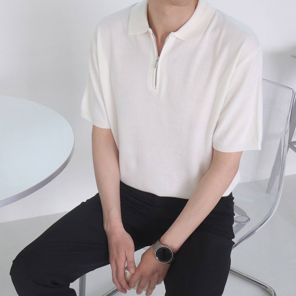 남자반팔티 머슬핏 집업 카라 반팔니트 이미지 2