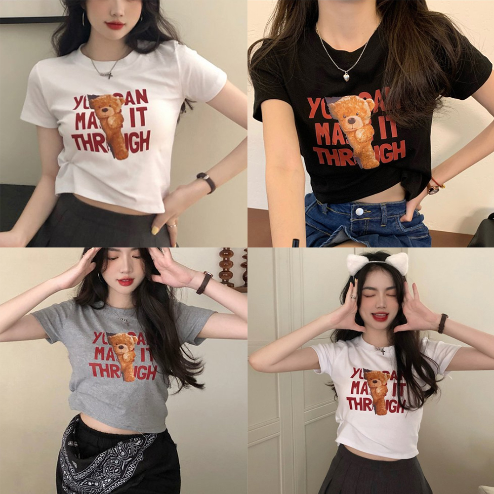 M-XL 여성 티셔츠 여자 귀여운 반팔 티 크롭 예쁜 여름 곰돌이 프린팅 포인트 데일리 이미지