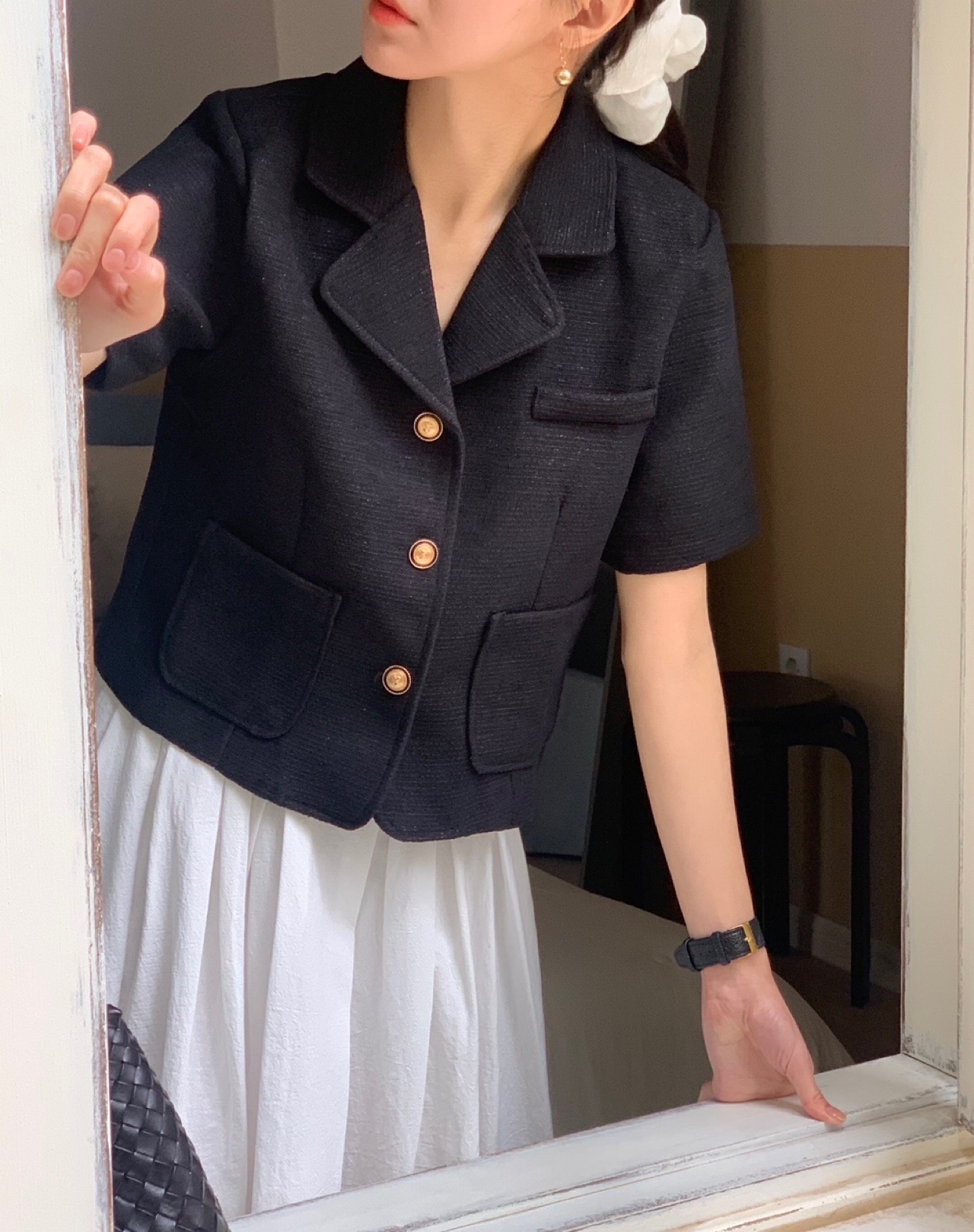 띠아 여성 카라넥 포켓 하객룩 여름 반팔 루즈핏 트위드 자켓(2color)